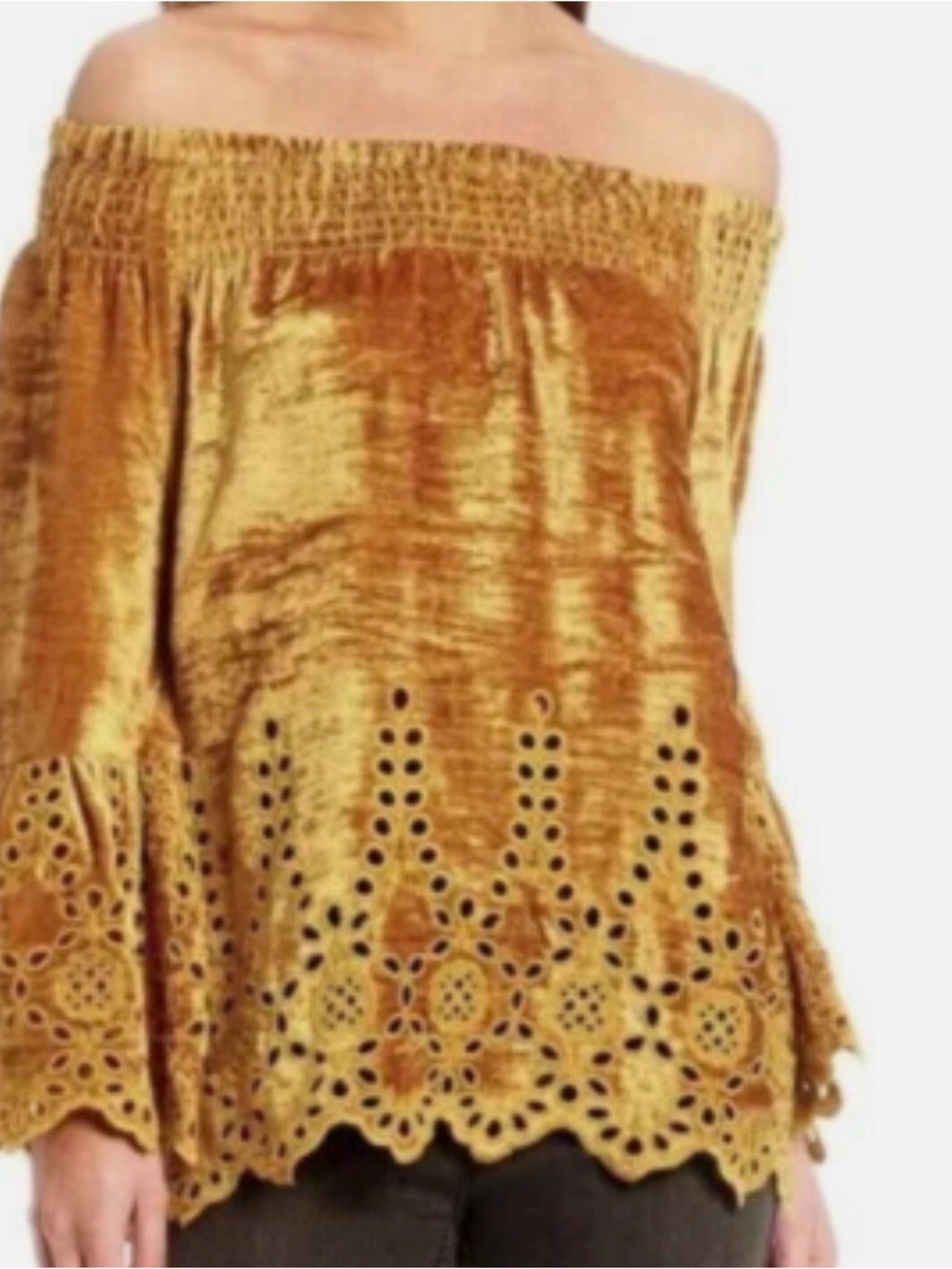 John Mark Women's Mustard Gold Velvet Eyelet Bell Sleeve Blouse - Picture 10 of 11